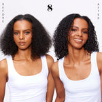 Before and after comparison of a woman with curly hair, wearing a white tank top on a plain background.