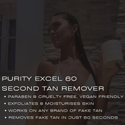 Woman applying tan remover with product name and features displayed