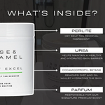 Product container with labeled ingredients on a dark background