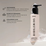 BPerfect Skin Studio Annalivia gel cleanser with product benefits on a gray background