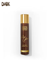 Brown spray tan bottle with gold cap on a white background