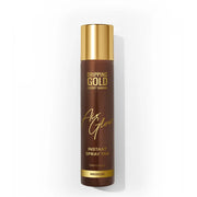 Brown spray tan bottle with gold cap on a white background