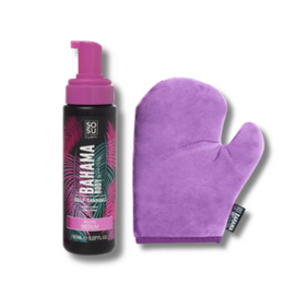 Front view of Bahama Body Tanning Mousse bottle with tropical label