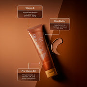 Bare Body Care product with text on Vitamin E, Shea Butter, and Pro Vitamin B5 benefits on a brown background