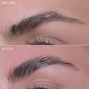 Before and after comparison of an eyebrow treatment on a person's eye.