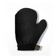 Black oven mitt with a brand label on a white background