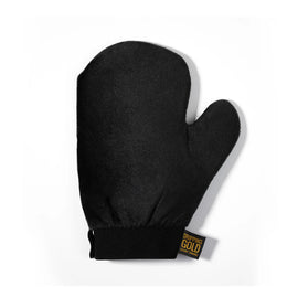 Black oven mitt with a brand label on a white background