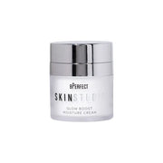 Front view of BPERFECT Skin Studio Glow Boost Moisture Cream in clear jar with silver lid