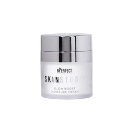 Front view of BPERFECT Skin Studio Glow Boost Moisture Cream in clear jar with silver lid
