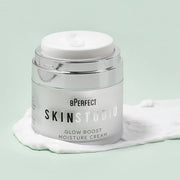 Stylish angled view of BPERFECT Glow Boost Cream on a clean soft green surface