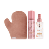 Brown mitt, pink and white bottles with branding on a white background