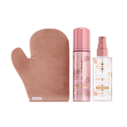 Brown mitt, pink and white bottles with branding on a white background