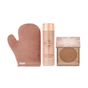 Bellamian self-tanning product set with mitt, bottle, and compact on a white background