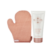 Pink exfoliating glove and white tube of Bellamianta body scrub on a white background