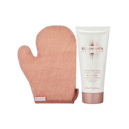 Pink exfoliating glove and white tube of Bellamianta body scrub on a white background