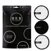 HER Cosmetics makeup remover packaging with three reusable pads on a white background