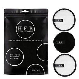 HER Cosmetics makeup remover packaging with three reusable pads on a white background