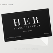 Black Her Place e-gift card with the official logo in white on a neutral grey background