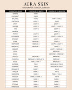 Aura Skin foundation/concealer match chart on a beige background