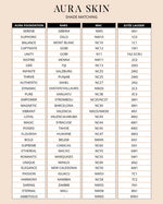 Shade matching chart for Aura Skin foundation with brand names listed.