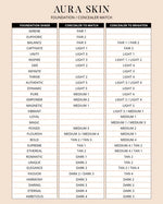 Aura Skin foundation/concealer match chart on a beige background