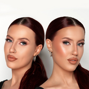 Side-by-side comparison of a woman with makeup and without makeup on a neutral background