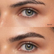 Before and after comparison of a woman's eye with eyebrow enhancement.