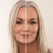 Side-by-side comparison of a woman's face with and without makeup on a neutral background