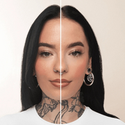 Split image of a woman with and without makeup on a plain background