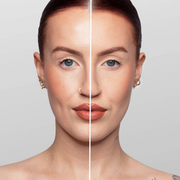Side-by-side comparison of a woman's face with and without makeup on a neutral background