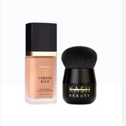 Makeup product with a brush on a white background