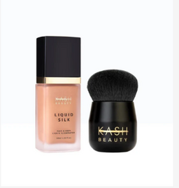 Makeup product with a brush on a white background