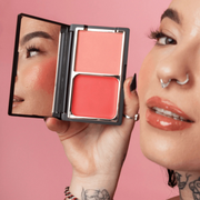 Model wearing KASH Pink Soda blush duo with natural pink cheek colour