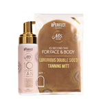 BPerfect Cosmetics 10 Second Tan for Face & Body and luxurious double-sided tanning mitt on a white background