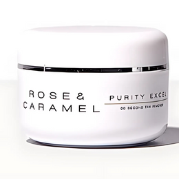 White jar with 'Rose & Caramel' and 'Purity Excel' text on a white background