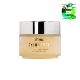 Front view of BPERFECT Skin Studio Reset & Recharge Cleansing Balm in a clear jar with silver lid