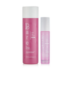 Two pink bottles with white caps on a white background