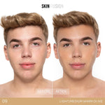 Model with soft, natural makeup look using Skin-Fusion Warm Olive foundation