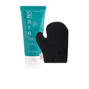 Teal tube of 'Bare' product with a black mitt on a white background
